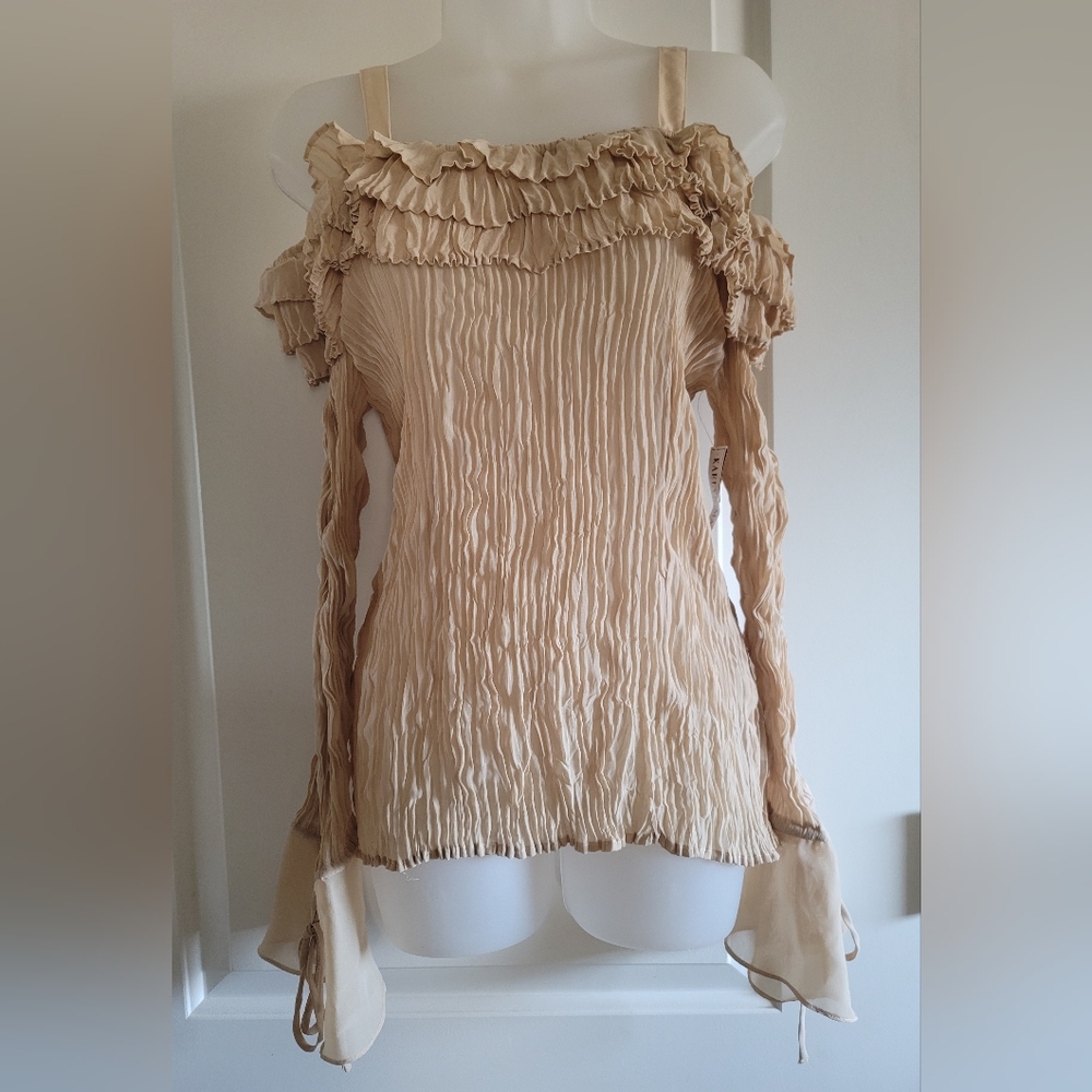 Kaelyn-Max Crinkled Exposed Shoulder Romantic Blouse
